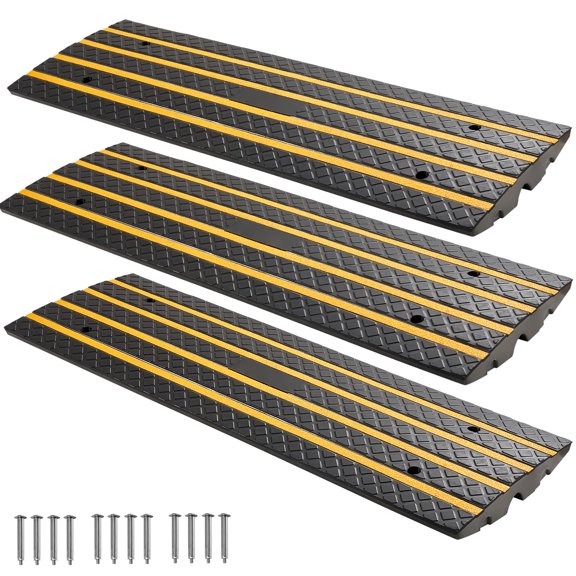 KFFKFF Rubber Curb Ramp for Driveways, 33069 lbs Load Capacity, 2.6-Inch Height with Reflective Yellow Strips, Ideal for Loading Docks, Warehouses, Garages, and Sidewalks (Set of 3)
