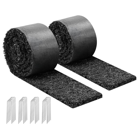 KFFKFF Rubber Mulch Mat Roll, 2 Rolls 120 x 4.5 in, Recycled Rubber Edging Border, Natural-Looking Flower Barrier with Stakes, 0.5 in Thick Cuttable Garden Edging for Landscaping