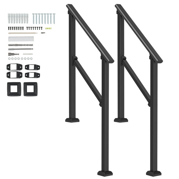 KFFKFF SKYSHALO Outdoor Handrails, Pair for 2-3 Steps, Durable Carbon Steel, Includes Setup Kit, Ideal for Elderly, Fits Concrete & Deck, Black Square Design