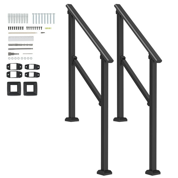 KFFKFF  Outdoor Handrails, Pair for 2-3 Steps, Durable Carbon Steel, Includes Setup Kit, Ideal for Elderly, Fits Concrete & Deck, Black Square Design