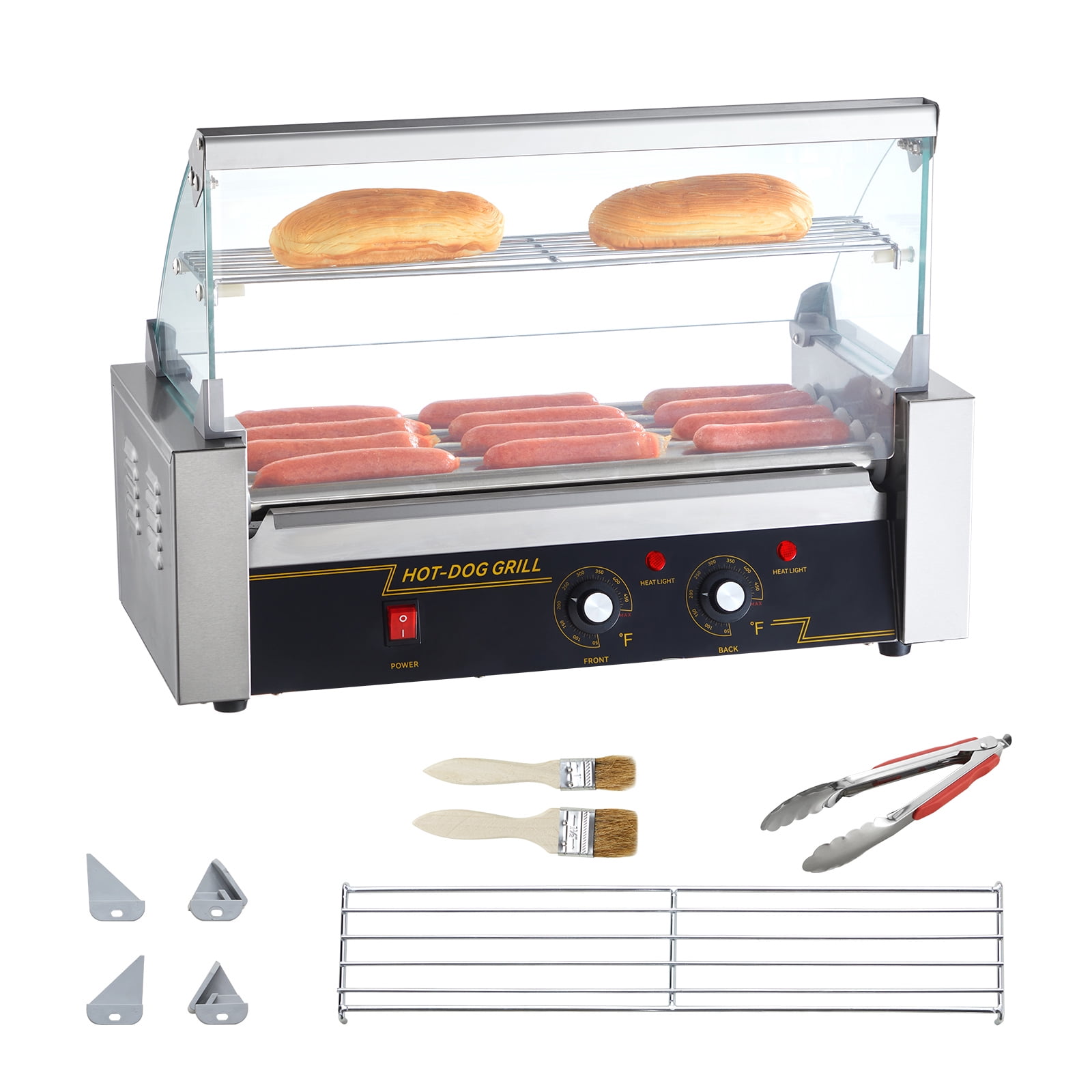 KFFKFF Sausage Grill Device with 5 Rollers, Capacity for 12 Hot Dogs, 750W Stainless Steel, Dual Temperature Control, Glass Hood, Acrylic Lid, Bun Warming Rack, Detachable Oil Drip Pan, ETL Approved
