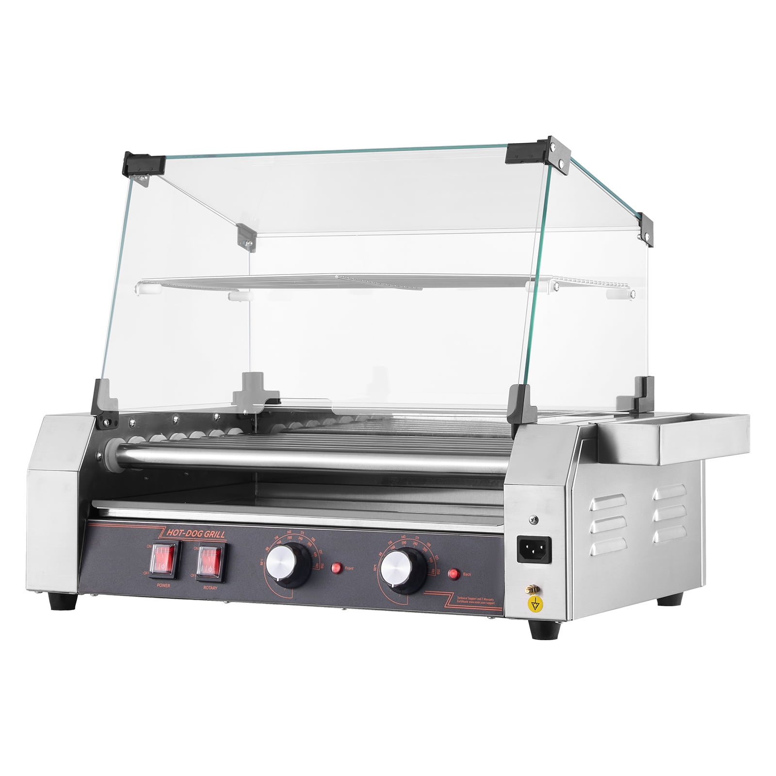KFFKFF Sausage Roller, 18 Sausage Capacity with 7 Rollers, 1050W Stainless Steel Hot Dog Grill, Commercial Grade Machine with Independent Temperature Regulation, Protective Lid, Side Compartment