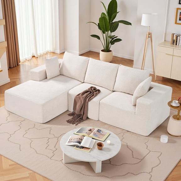 KFFKFF Sectional Sofa Set, L-Configured Modular Settee with Lounger, Plush Couch with Superior Bounce Sponge and Density, Corduroy Upholstered Sofa with Pillows for Lounge, Flat, Beige