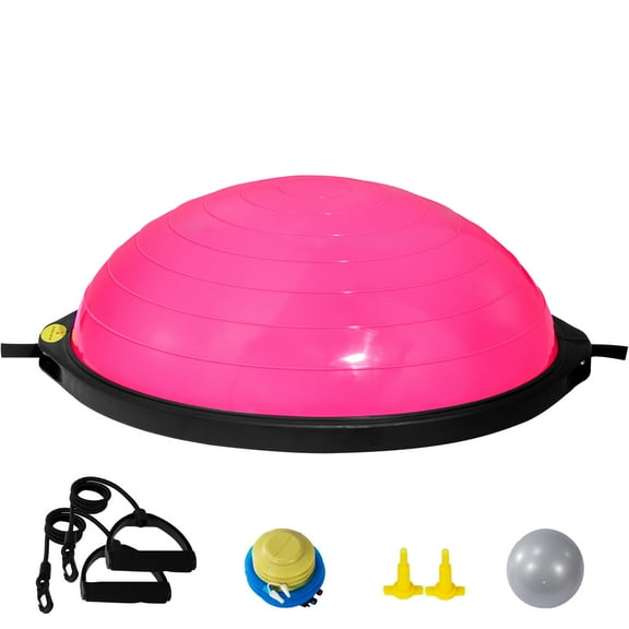 KFFKFF Semi Fitness Ball Equipment, 26-inch Equilibrium Sphere Trainer, 1500lbs Tolerance Stability Sphere, Yoga Sphere with Resistance Loops & Foot Inflator, for Gym Exercise, Pink
