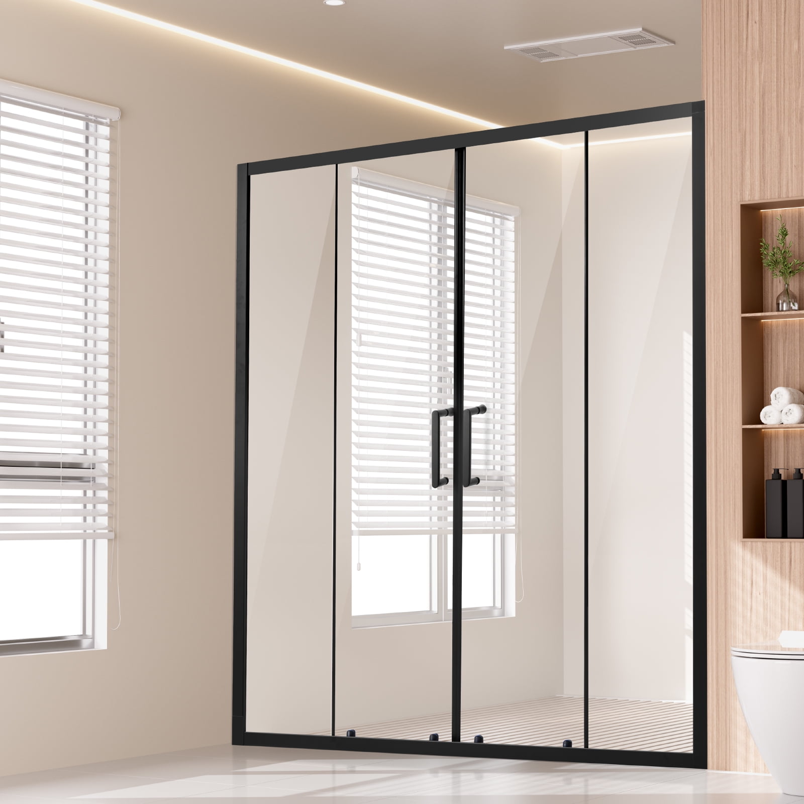 KFFKFF Semi-frameless Shower Door, 57.8-59 W x 70 H in, Double Sliding Glass Door with 1/4 in (6mm) Clear Tempered Glass, Durable and Water-resistant Design with Stainless Steel Hardware, Matte Black