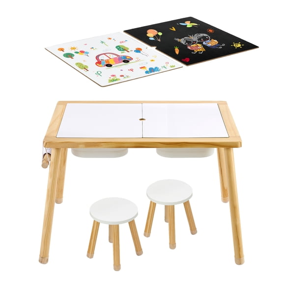 KFFKFF Sensory Activity Table for Toddlers, Wooden Kids Table with 2 Stools, Reversible Board, Storage Compartments, and Non-Slip Feet, Ideal for Sand, Water Play, Drawing, Studying, and Dining