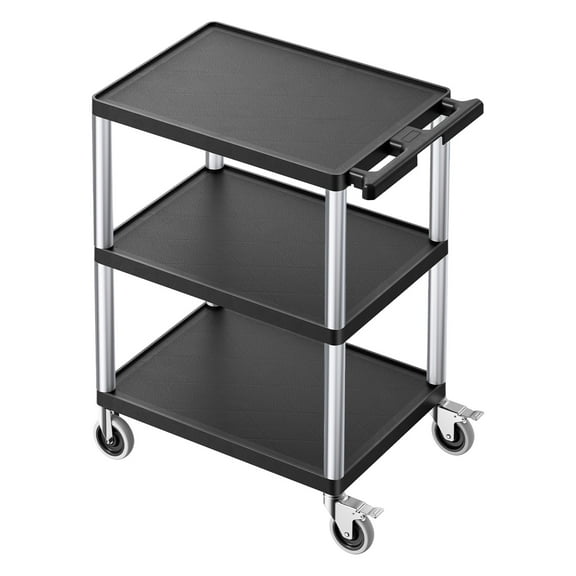 KFFKFF Service Trolley, Supports 300 lbs Weight, Dimensions 27.6 x 18.1 inches, Triple-Layer Robust Plastic Trolley with 360 Rotating Wheels (2 Include Brakes), Ideal for Stockroom, Carport