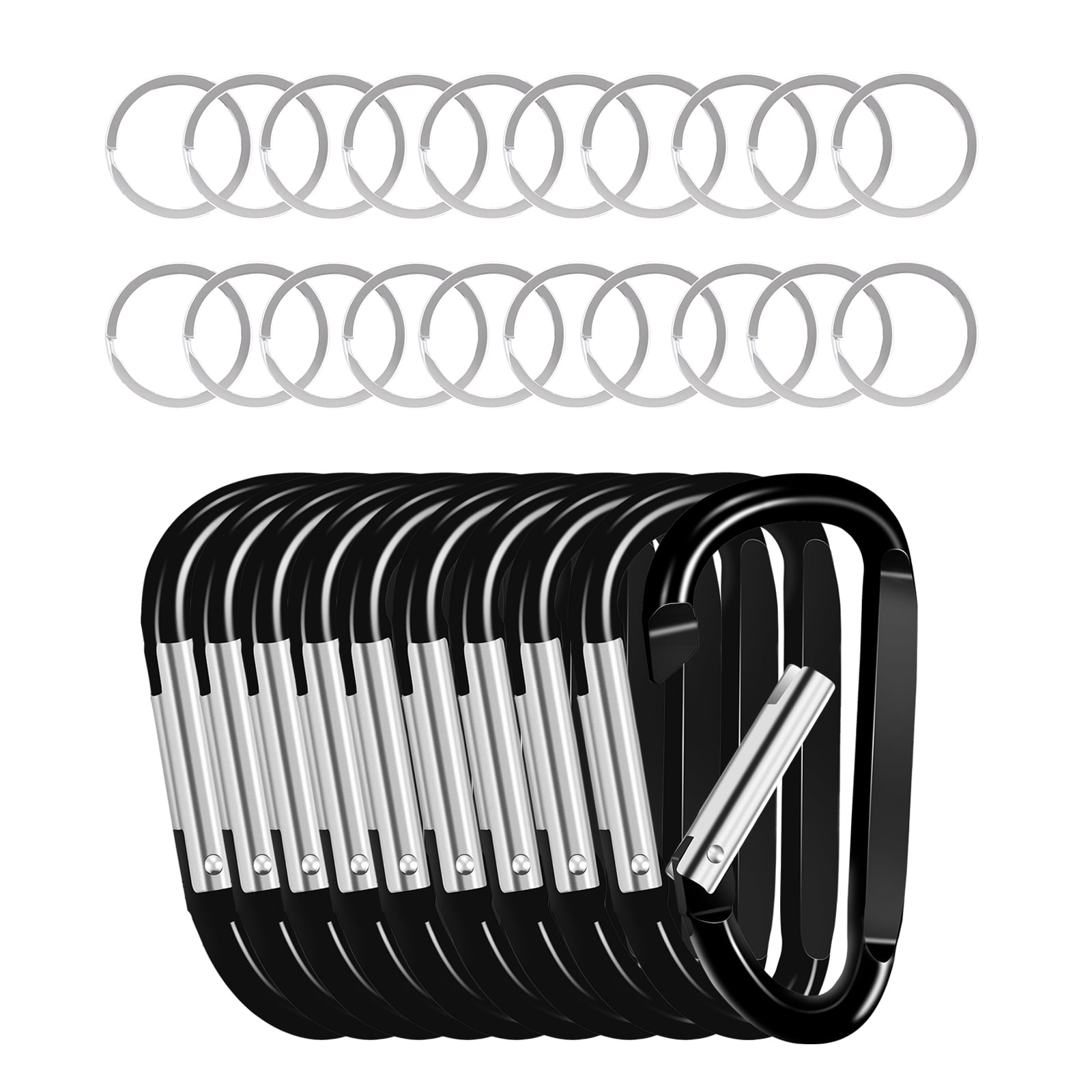KFFKFF Set of 10 Black Carabiner, Clip with Spring Snap, Keychain Clip Hook, 2.75" D Ring Shaped Aluminum Alloy Carabiner, Comes with 20 Keyrings, Versatile for Camping, Hiking, Backpacking