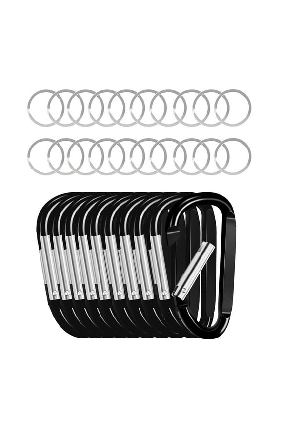 Set of 10 Black Carabiner, Clip with Spring Snap, Keychain Clip Hook, 3.07" D Ring Shaped Aluminum Alloy Carabiner, Comes with 20 Keyrings, Versatile for Camping, Hiking, Backpacking