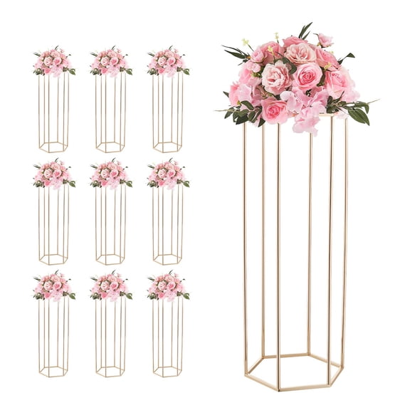 KFFKFF Set of 10 Gold Flower Display Stands, 31.5-inch Hexagonal Column Design with Acrylic Panels for Weddings, Parties, Birthdays, and Home Decorations