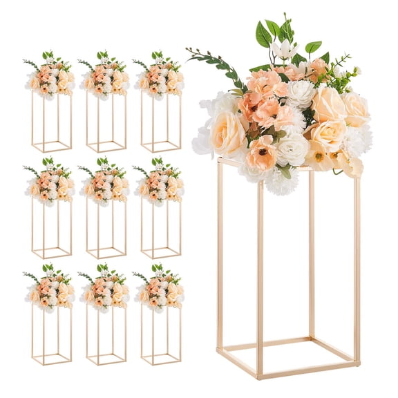 KFFKFF Set of 10 Gold Rectangular Flower Stands, 15.75-inch Display Columns with Acrylic Panels, Ideal for Weddings, Parties, Birthdays, and Home Decor