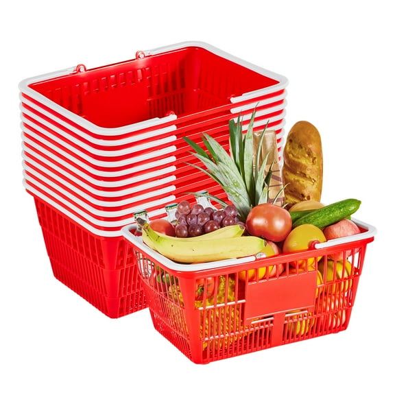 KFFKFF Set of 12 Stackable 21L Plastic Shopping Baskets with Handles, Durable Mesh Design, Supports up to 20 lbs, Ideal for Grocery, Retail, Supermarkets, and Home Use, Red