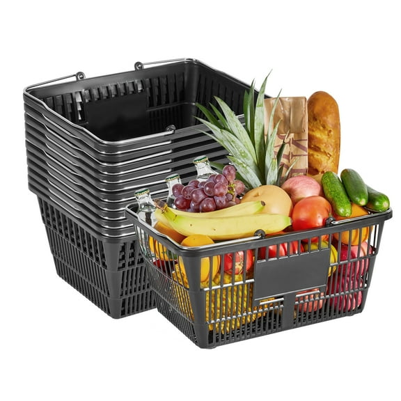 KFFKFF Set of 12 Stackable Plastic Shopping Baskets, 21L Capacity with Handles, Durable Mesh Design, Supports up to 20 lbs, Ideal for Retail, Grocery, Supermarkets, and Home Use, Black