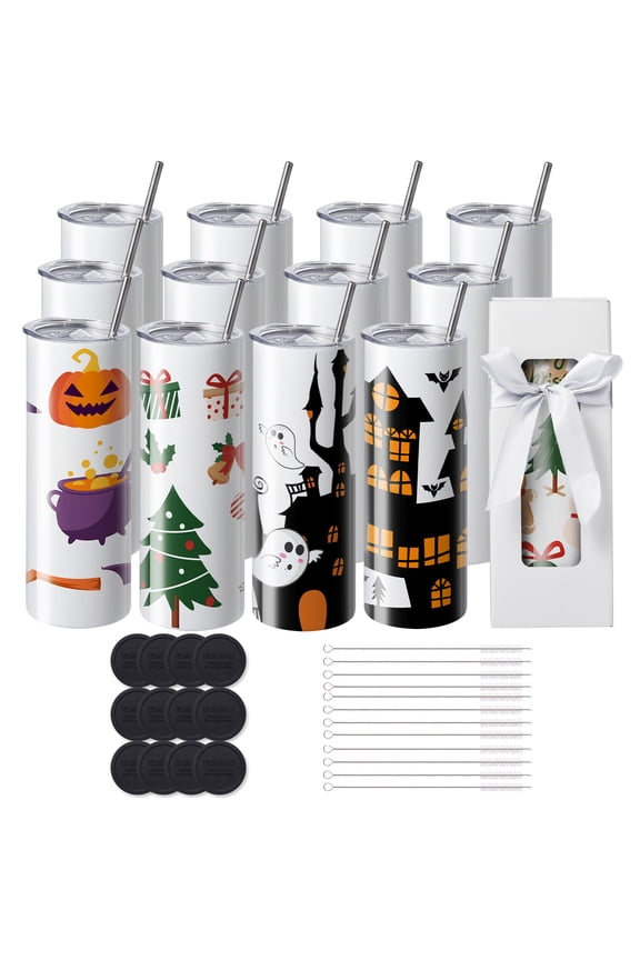Set of 12 Sublimation Tumblers, 20oz Slim and Straight, Blank Stainless Steel Sublimation Tumblers, Double-Walled Stainless Steel Tumbler for Heat Transfer Personalized Presents