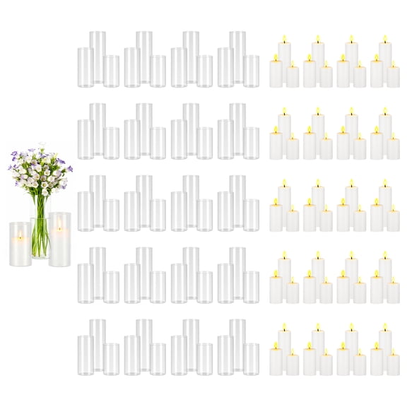 KFFKFF Set of 120 Pillar Candles and Glass Vases, Clear Cylinder Hurricane Candle Holders for Event Centerpieces, Decorative Tall Vases for Table Arrangements, White (2.56" x 4.7", 5.9", 7.9")