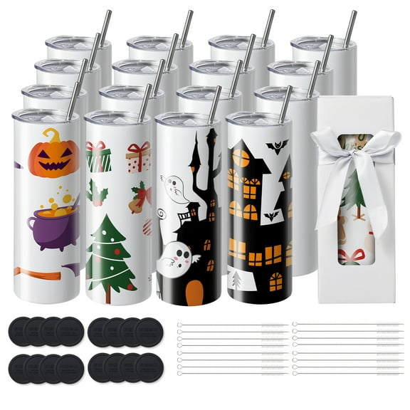 KFFKFF Set of 16 Sublimation Tumblers, 20oz Slim Straight Design, Blank Stainless Steel Sublimation Tumblers, Dual-Walled Stainless Steel Tumbler for Heat Transfer Personalized Presents
