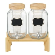 KFFKFF 2 Pack 1 Gallon Glass Beverage Dispenser with Wooden Stand, Stainless Steel Spigot & Infuser for Party Drinks