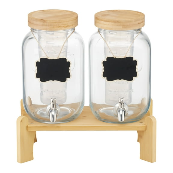 KFFKFF Set of 2 Glass Beverage Dispensers with Wooden Stand, 1-Gallon Capacity Each, Stainless Steel Spigot, and Infuser  Ideal for Serving Iced Tea, Lemonade, Juice, or Water at Gatherings