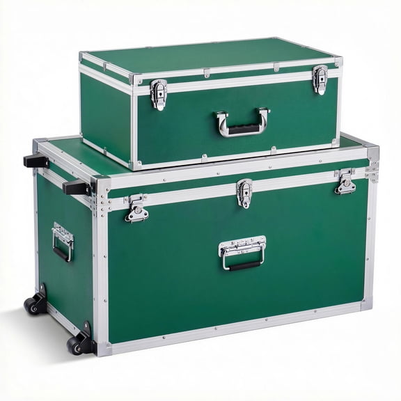 KFFKFF Set of 2 Metal Storage Trunks with Wooden Design, Includes Padlocks, Casters, and 3 Metal Handles, Decorative Storage Boxes with Lids for Travel, Home, Dorm, or Apartment, Green