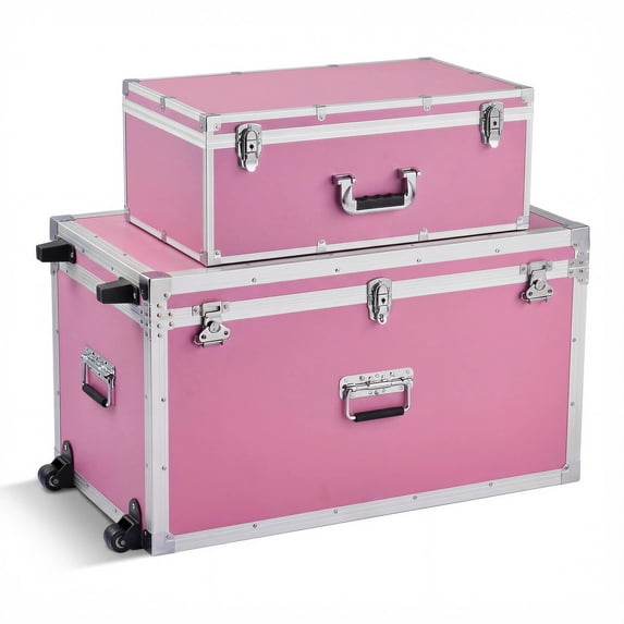 KFFKFF Set of 2 Metal Storage Trunks with Wooden Design, Includes Padlocks, Casters, and 3 Metal Handles, Decorative Storage Boxes with Lids for Travel, Home, Dorm, or Apartment, Pink