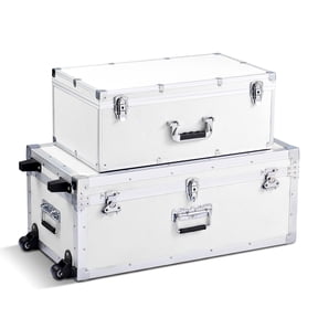 KFFKFF Metal Trunks Set of 2 with Wheels, 30"+ 23"(3.24+1.76 Cu.ft) , Storage Chest with Lock for Travel, Home, Dorm, or Apartment, White