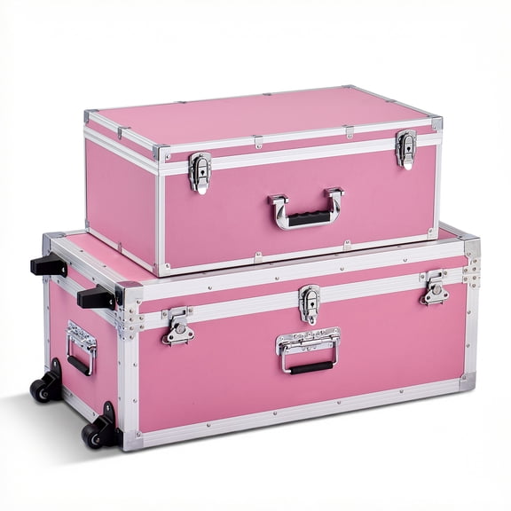 KFFKFF Set of 2 Metal Storage Trunks, Wooden Suitcase-Style Boxes with Padlocks, Includes Casters and 3 Metal Handles, Decorative Storage Chests with Lids for Travel, Apartments, Dorms, Pink