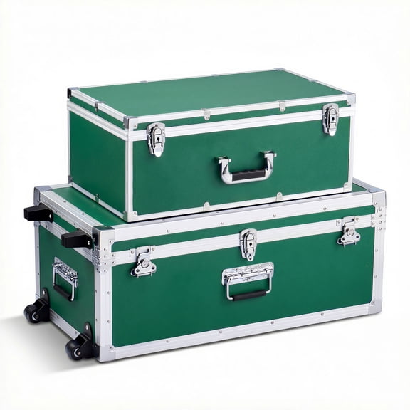 KFFKFF Set of 2 Metal Storage Trunks, Wooden Suitcase-Style Boxes with Padlocks, Large Chest with Casters and 3 Metal Handles, Decorative Storage Solution with Lids for Travel, Home, Dorm, Green
