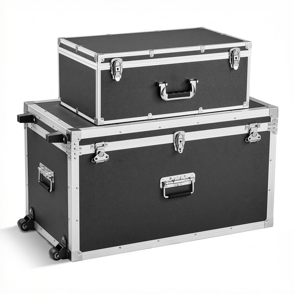 KFFKFF Set of 2 Metal Storage Trunks, Wooden Suitcase-Style Boxes with Padlocks, Large Chest Includes Casters & 3 Metal Handles, Decorative Storage Solution with Lids for Travel, Apartments, Black