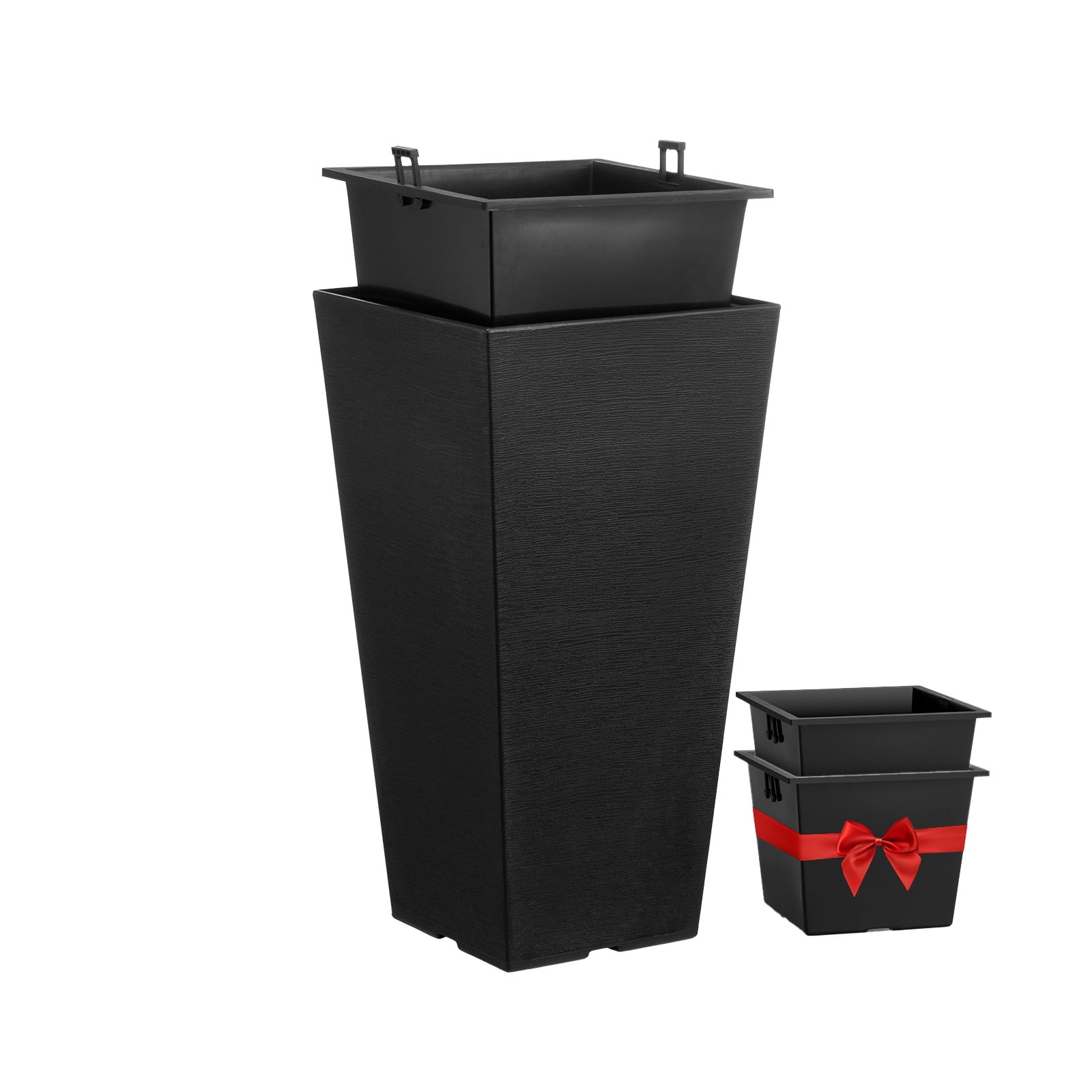 KFFKFF Set of 2 Tall Outdoor Planters 22inch, Large Pots for Indoor and Outdoor Plants, Black Tapered Square Planters for Front Porch with Contemporary Design and Integrated Drainage System