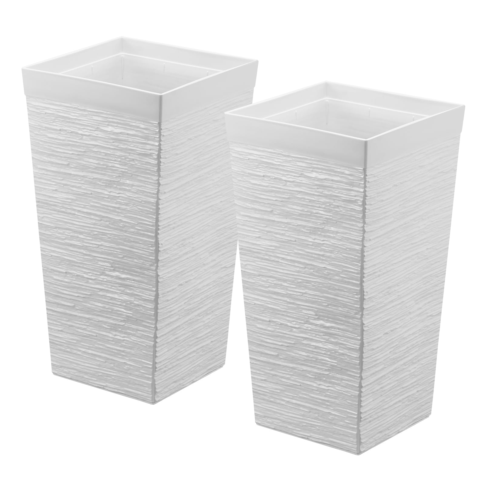 KFFKFF Set of 2 Tall Planters, 23in Large Tapered Pots for Indoor and Outdoor Use, Modern Plastic Flower Containers with Wheels, Inner Pot, and Drainage Holes for Patio, Garden, and Porch, White