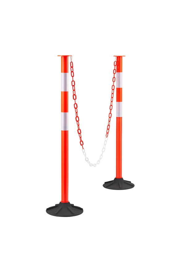 Set of 2 Traffic Delineator Posts, 34-inch Safety Cones with Weighted Base, Reflective Strips, and Chain, Durable Posts for Construction Areas, Parking Spaces, and Crowd Management, Red