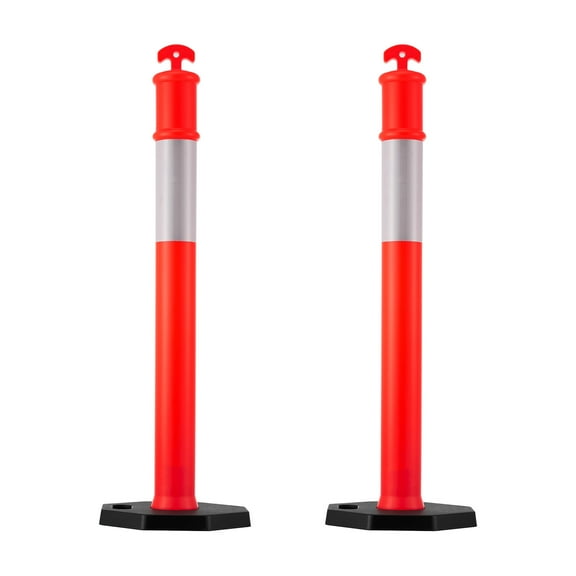 KFFKFF Set of 2 Traffic Delineator Posts, 48-Inch Safety Cones with Weighted Base and Reflective Strips, Durable Posts for Construction Zones, Parking Areas, and Crowd Management, Red