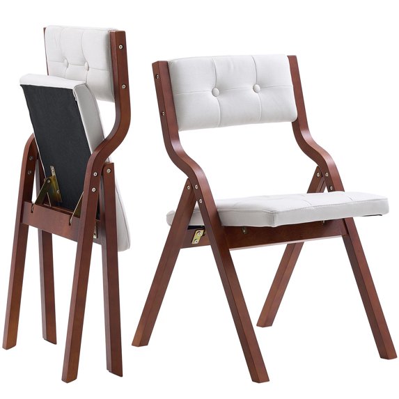 KFFKFF Set of 2 Wooden Folding Chairs with Cushions, Portable Foldable Design with Wooden Frame, Comfortable Padded Seating for Kitchen, Office, Weddings, Parties, Dining Room, Simple Assembly, White
