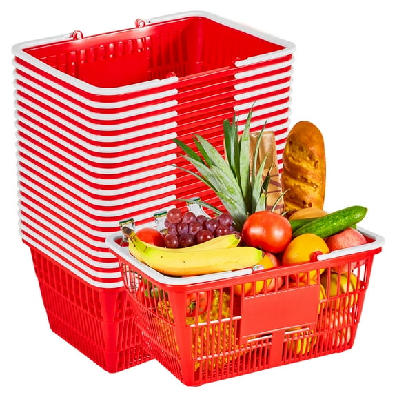 KFFKFF Set of 20 Stackable 21L Plastic Shopping Baskets with Handles, Durable Mesh Design, Supports up to 20 lbs, Ideal for Grocery, Retail, Supermarkets, and Home Use, Red
