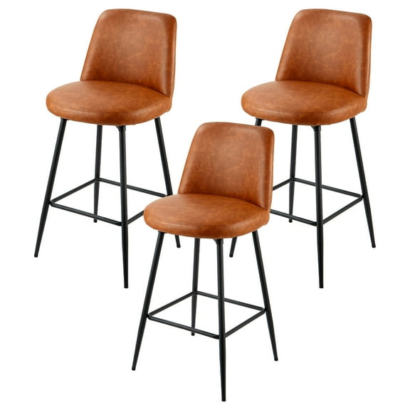 KFFKFF Set of 3 Counter Height Swivel Bar Stools, 27-Inch Modern PU Leather Chairs with Backrest and Metal Legs, Armless Design for Kitchen and Dining Room, Brown