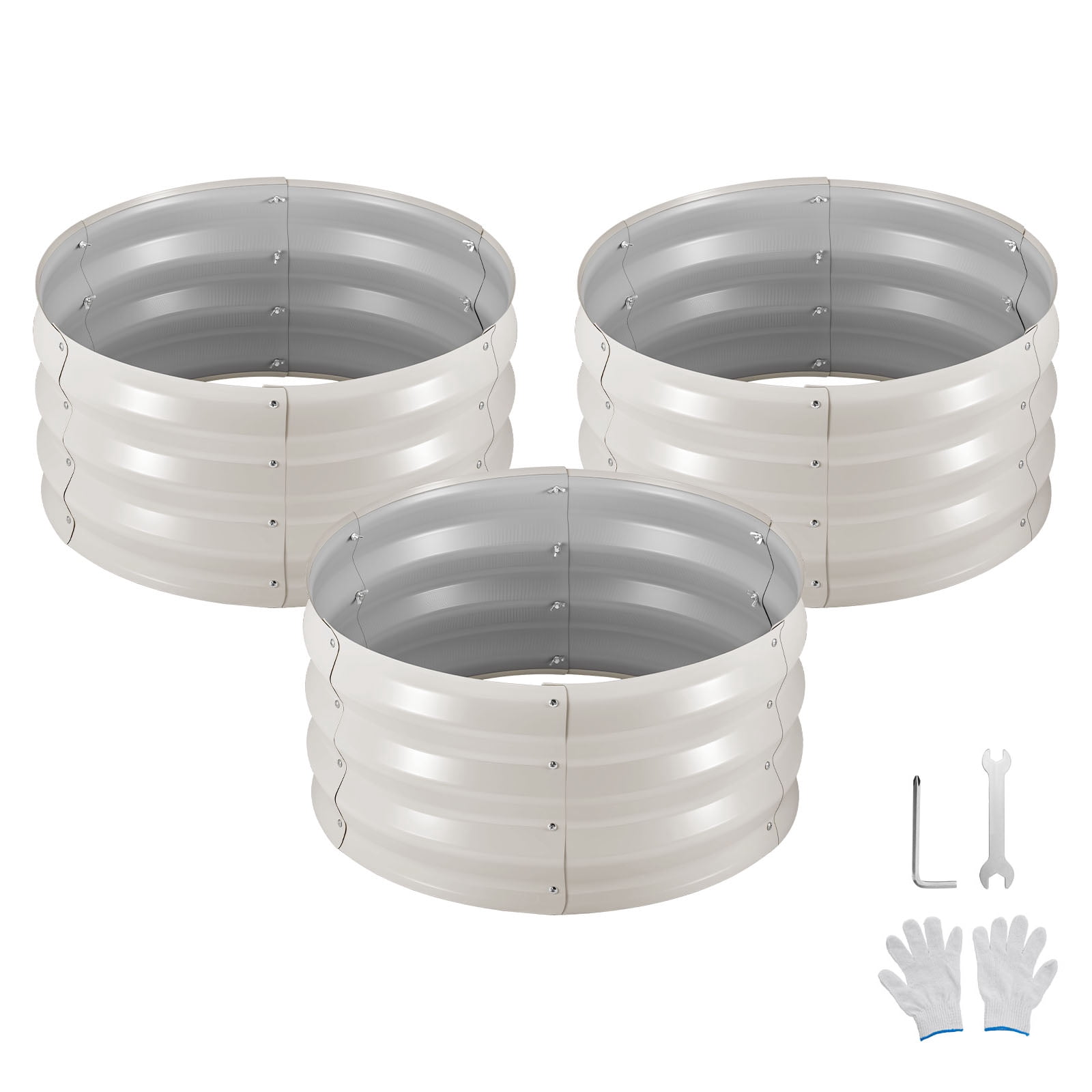 KFFKFF Set of 3 Galvanized Metal Raised Garden Beds, 2 x 2 x 1 ft, Round Planter Boxes for Outdoor Use, Bottomless Design with Gloves, Alu-Zinc Material, Ideal for Growing Flowers, Vegetables, Beige
