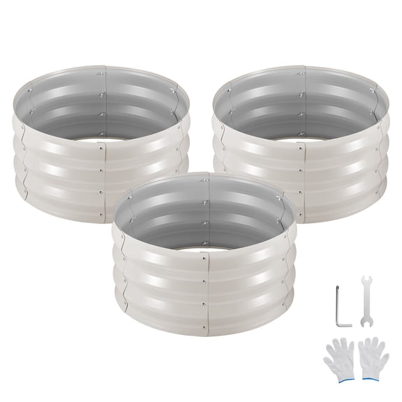 KFFKFF Set of 3 Galvanized Metal Raised Garden Beds, 2 x 2 x 1 ft, Round Planter Boxes for Outdoor Use, Bottomless Design with Gloves, Alu-Zinc Material, Ideal for Growing Flowers, Vegetables, Beige