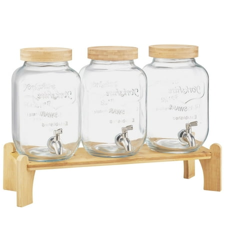 KFFKFF Clear Glass Beverage Dispenser with Wood Lid and Stand, Stainless Steel Spigot,3 Pack 1 Gallon