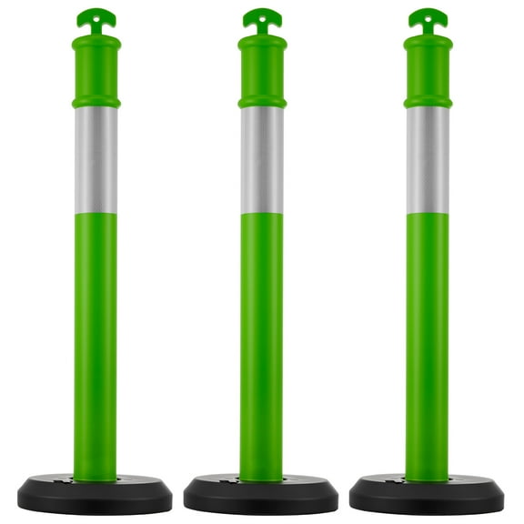 KFFKFF Set of 3 Traffic Delineator Posts, 48-Inch Safety Cones with Fillable Base and Reflective Strips, Durable Posts for Construction Zones, Parking Areas, and Crowd Management, Green