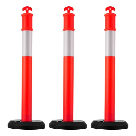 KFFKFF Set of 3 Traffic Delineator Posts, 48-Inch Safety Cones with Fillable Base and Reflective Strips, Durable Posts for Construction Zones, Parking Areas, and Crowd Management, Red