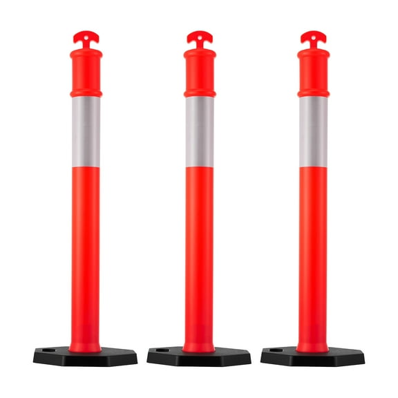KFFKFF Set of 3 Traffic Delineator Posts, 48-inch Safety Cones with Weighted Base and Reflective Strips, Durable Posts for Construction Zones, Parking Areas, and Crowd Management, Red