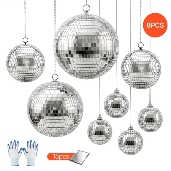KFFKFF Set of 4" 6" 8" Mirror Disco Balls (8-Pack) with Hanging Rings, Ideal for Party Decorations, Home Decor, Stage Props, DJ Events, Dance Clubs, and Celebrations. Features Two Mirror Tile Sizes.