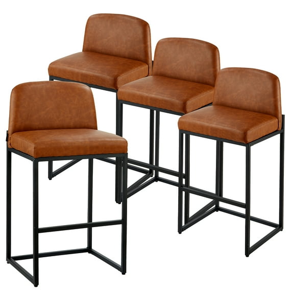 KFFKFF Set of 4 Bar Stools, 27-Inch Counter Height Chairs with PU Leather Upholstery, Backrest, Metal Legs, Simple Assembly, Armless Design for Kitchen and Dining Room, Brown