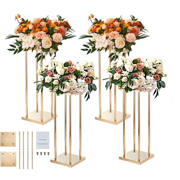 KFFKFF Set of 4 Gold Metal Column Stands for Floral Arrangements, 31.5-inch Tall with Metal Laminate, Cylindrical Geometric Display Rack for Weddings, Receptions, Parties, and Event Decorations