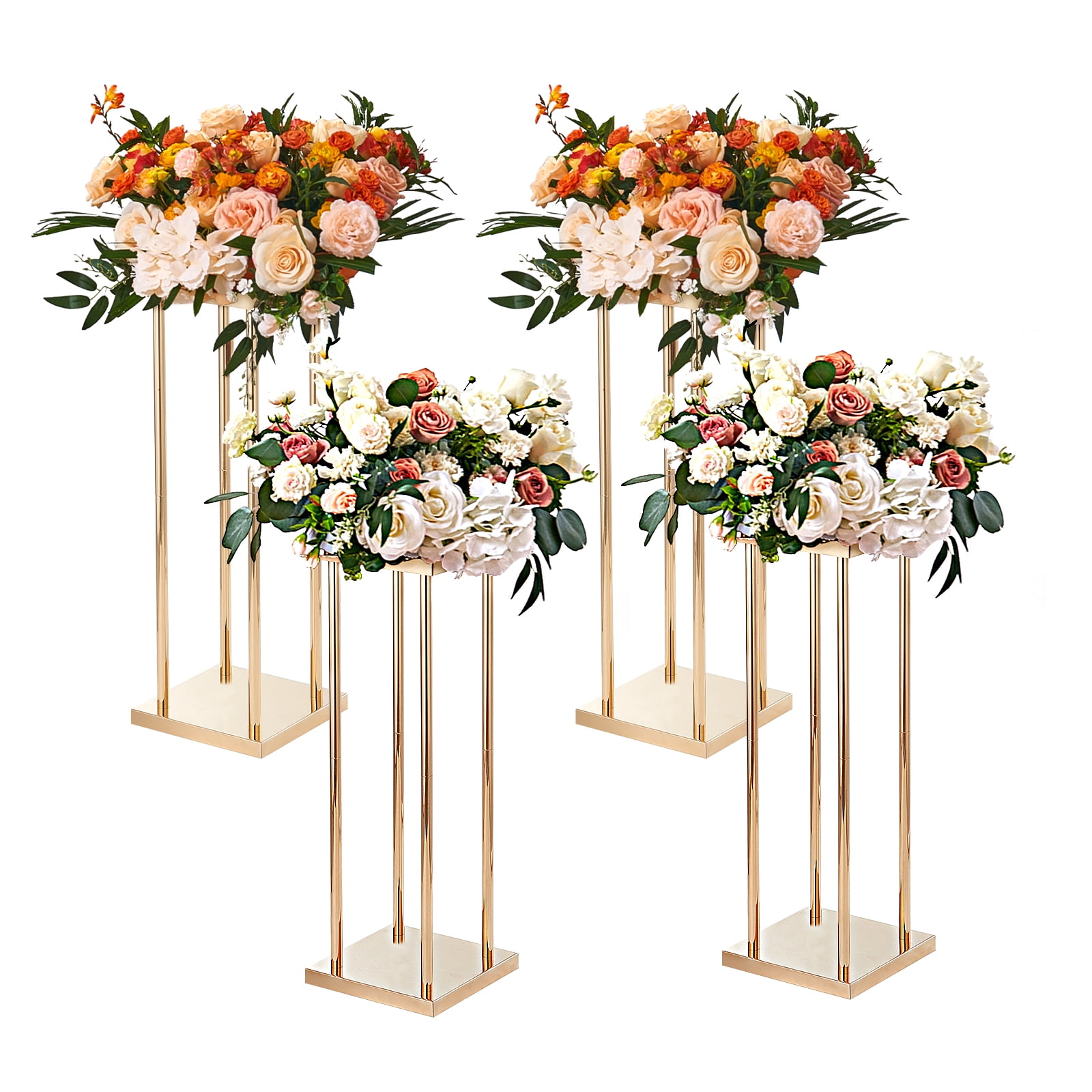 KFFKFF Set of 4 Golden Metal Pillars for Wedding Floral Arrangements, Standing at 31.5 inches with Metallic Overlay, Geometrically Designed Vase Stands, Round Flower Presentation Racks