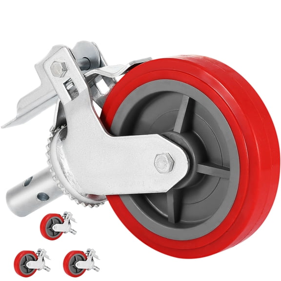 KFFKFF Set of 4 Heavy-Duty 8" Scaffolding Casters, 3200 Lbs Capacity - Locking Stem Wheels with Brake, Red Polyurethane - Ideal for Scaffold, Shelves, and Workbench