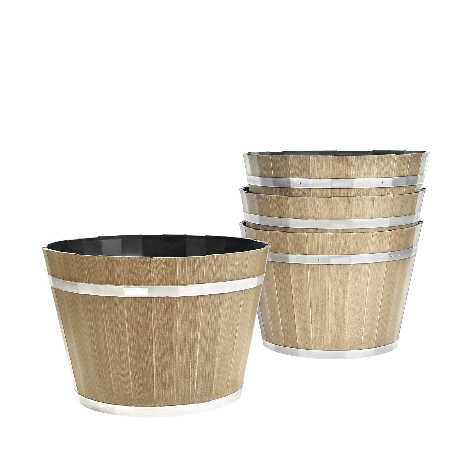 KFFKFF Set of 4 Large 11.81-inch Whiskey Barrel-Style Planters with Drainage Holes, Durable Plastic Flower Pots for Indoor and Outdoor Use, Rustic Brown Design for Gardens, Homes, and Plants