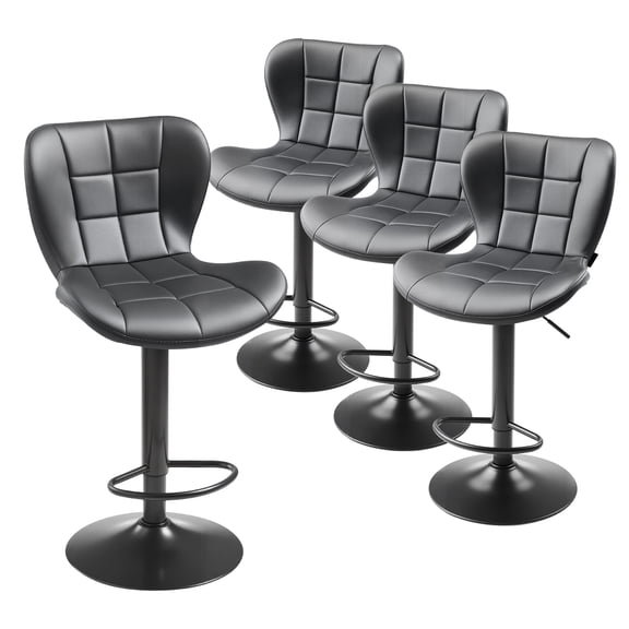 KFFKFF Set of 4 Modern PU Leather Bar Stools, Adjustable Height Counter Chairs with Swivel Function, Backrest, and Footrest, Armless Design for Kitchen Island or Dining Room, Black