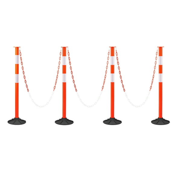 KFFKFF Set of 4 Traffic Delineator Posts, 34-Inch Safety Cones with Weighted Base, Reflective Bands, and Chain, Durable Posts for Construction Zones, Parking Areas, and Crowd Management, Red