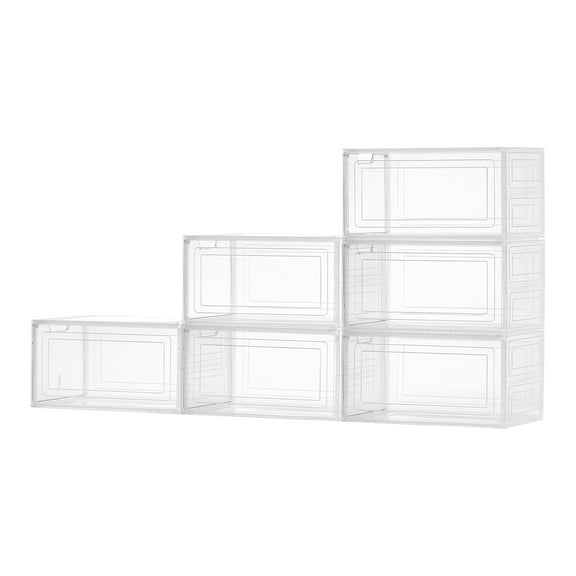 KFFKFF Set of 6 Clear Stackable Shoe Storage Boxes with Magnetic Doors, Suitable for Shoes up to US Size 13, Plastic Organizers for Sneakers, High Heels, Boots, and Hats, Transparent White